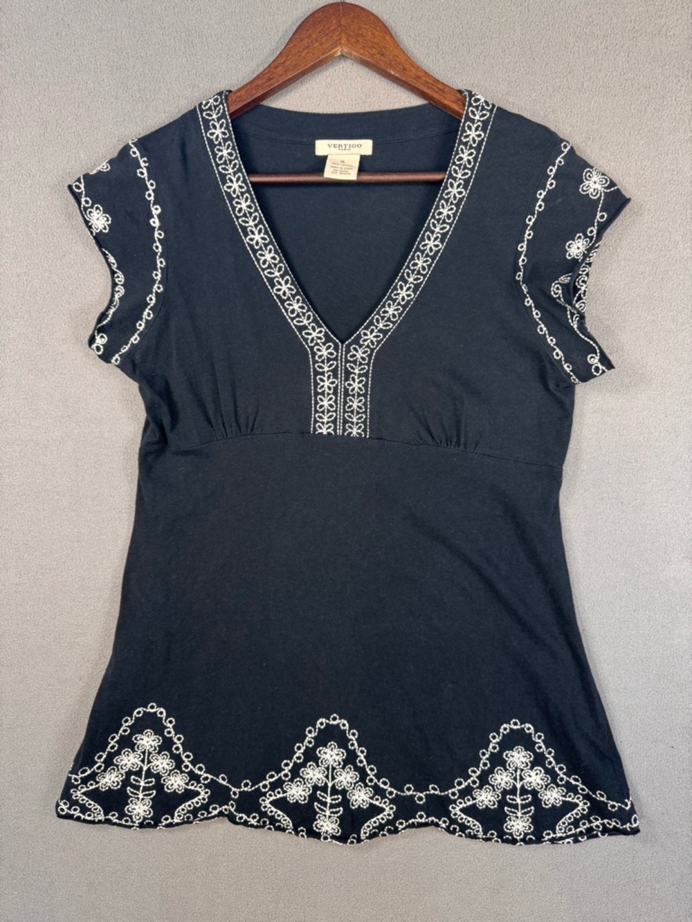 Vintage Y2K Vertigo Paris Black Cotton Babydoll Top White Embroidery, XL